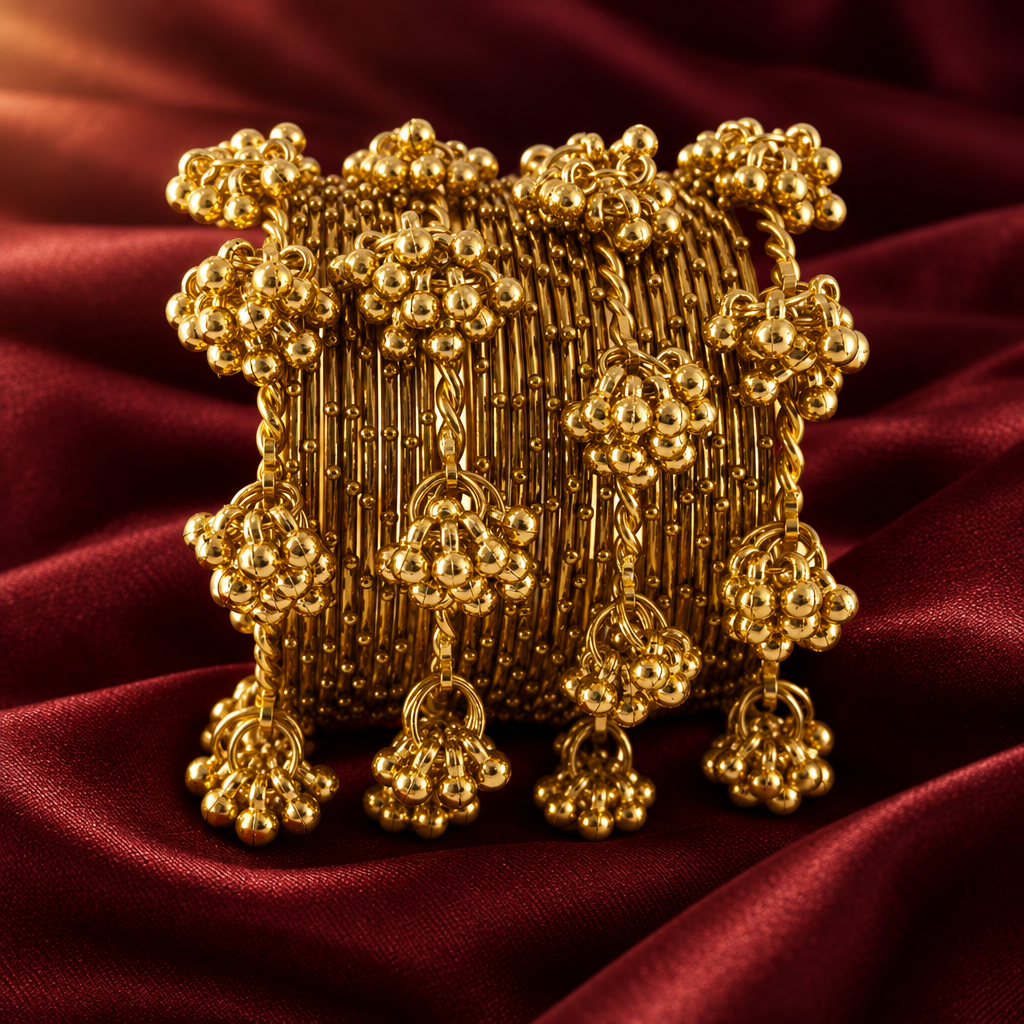 Kashmiri metal stack ghungroo chuda set on deep maroon silk