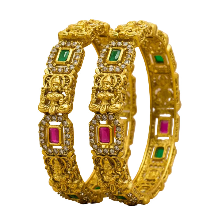 Sacred Lakshmi Jaali Temple Kada in antique gold with ruby and emerald stones