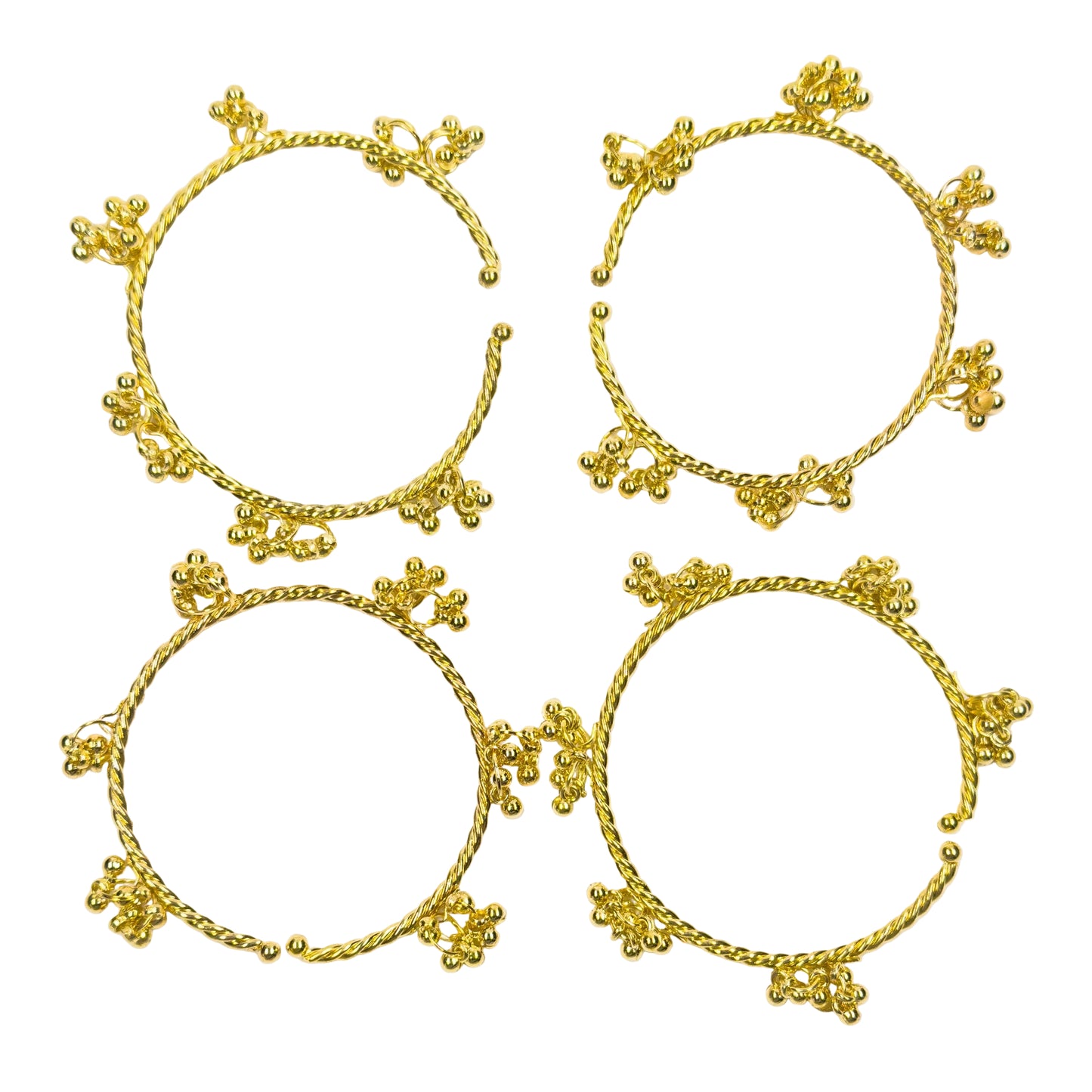 4pc Adjustable Gold Ghungroo Bangles Twisted Wire Free Size Kada with Heavy Guchha Charms for Women