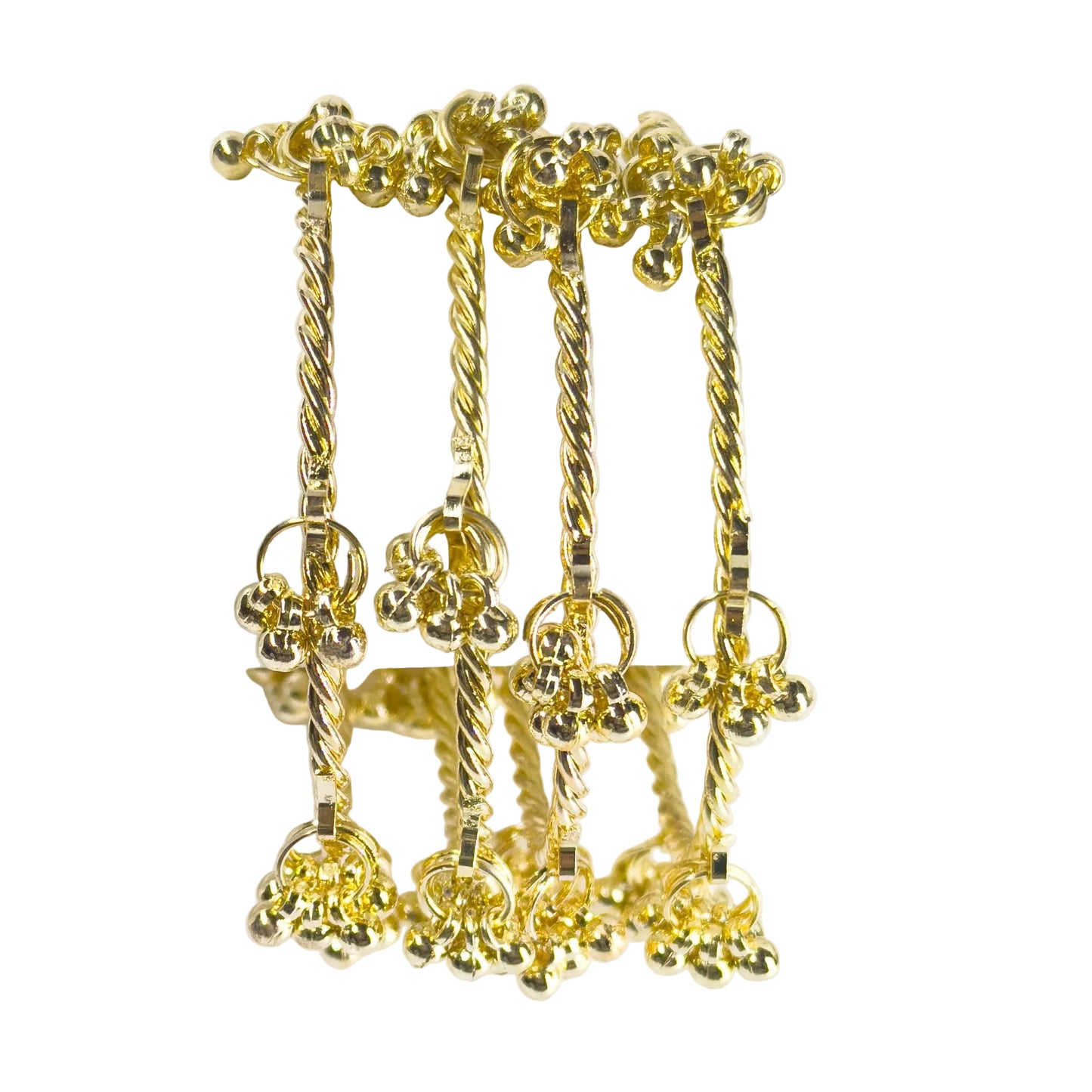 4pc Adjustable Gold Ghungroo Bangles Twisted Wire Free Size Kada with Heavy Guchha Charms for Women