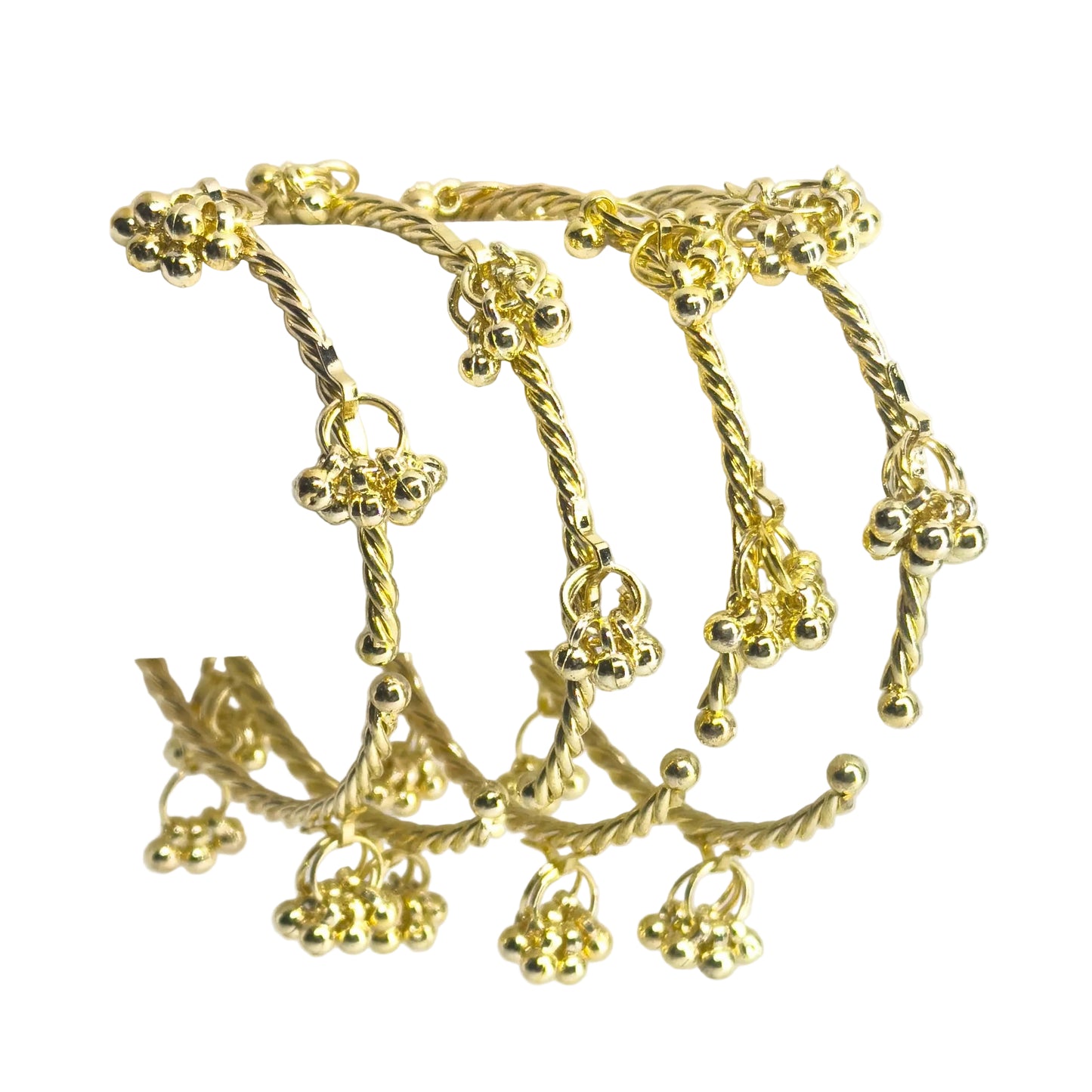 4pc Adjustable Gold Ghungroo Bangles Twisted Wire Free Size Kada with Heavy Guchha Charms for Women