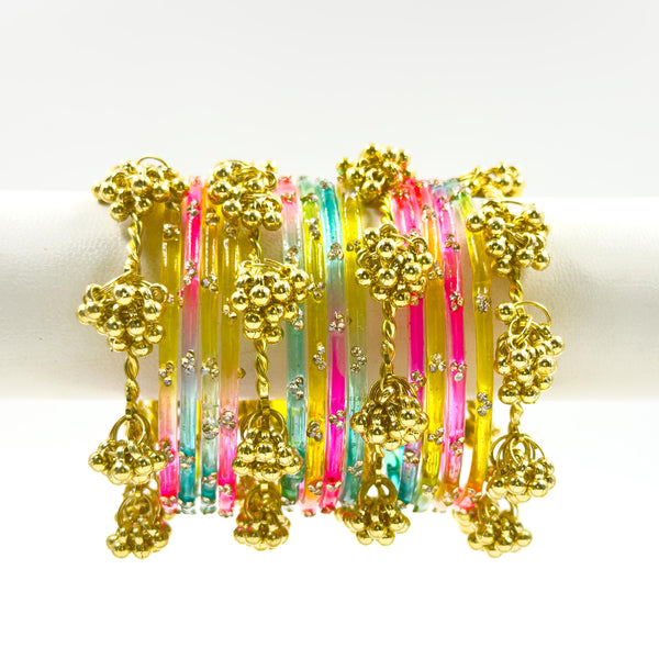 16pc Multi Color Glass Bangles Set Viral Kashmiri Ghungroo Chuda with Heavy Gold Guchha Charms Traditional Jewelry for Women