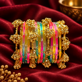 Rainbow glass ghungroo chuda set on deep maroon silk
