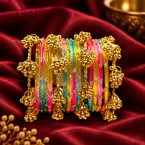 Rainbow glass ghungroo chuda set on deep maroon silk