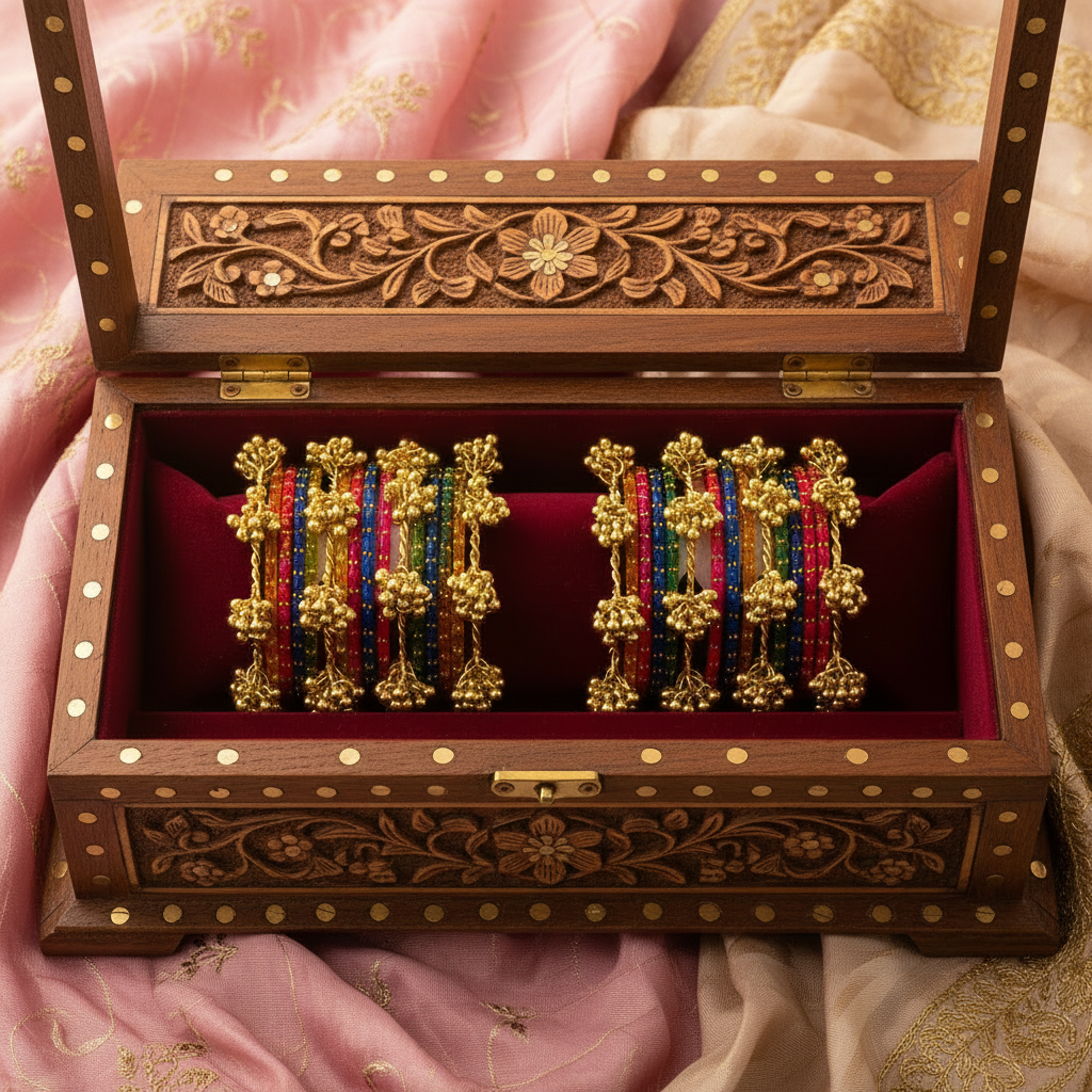 Jewel-tone glass ghungroo chuda set in a carved wooden box