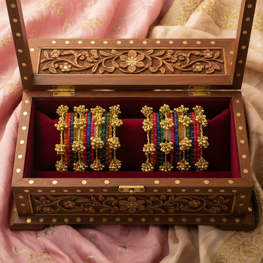 16pc Bold Multi Color Glass Bangles Set Viral Kashmiri Ghungroo Chuda with Heavy Gold Guchha Charms Traditional Jewelry Women