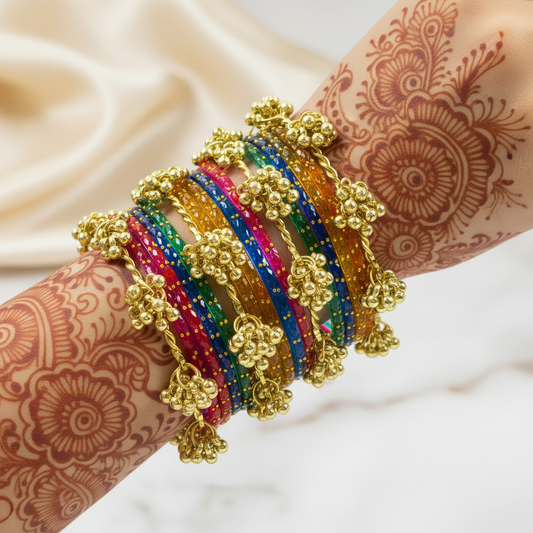 16pc Bold Multi Color Glass Bangles Set Viral Kashmiri Ghungroo Chuda with Heavy Gold Guchha Charms Traditional Jewelry Women