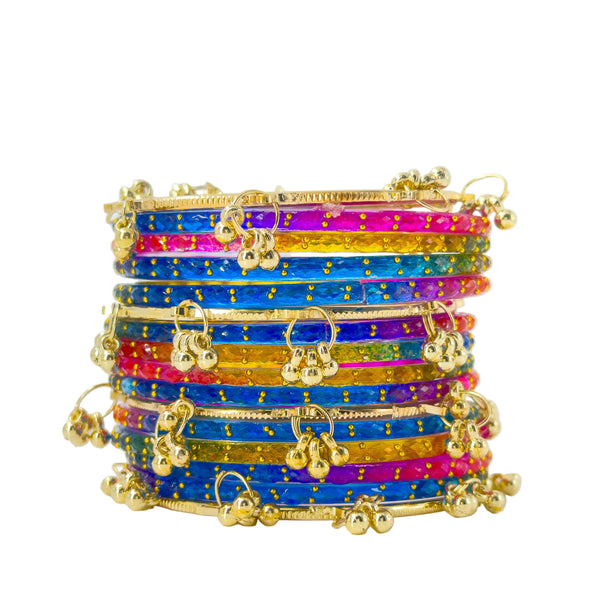16pc Dark Multi Color Glass Bangles Set Kashmiri Ghunghroo Chuda with Delicate Gold Latkan Charms Studded Jewelry Women