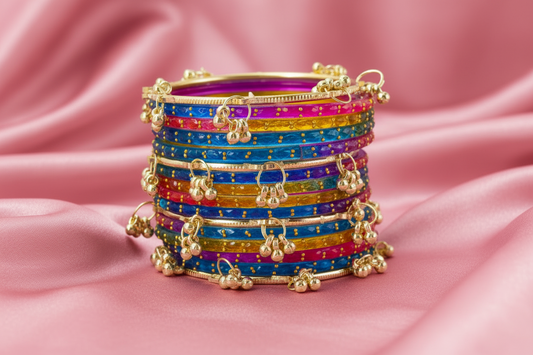 16pc Dark Multi Color Glass Bangles Set Kashmiri Ghunghroo Chuda with Delicate Gold Latkan Charms Studded Jewelry Women