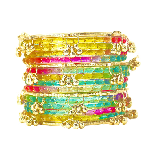 16pc Raindrop Light Multi Color Glass Bangles Set Kashmiri Ghunghroo Chuda with Plain Latkan Charms Jewelry Women