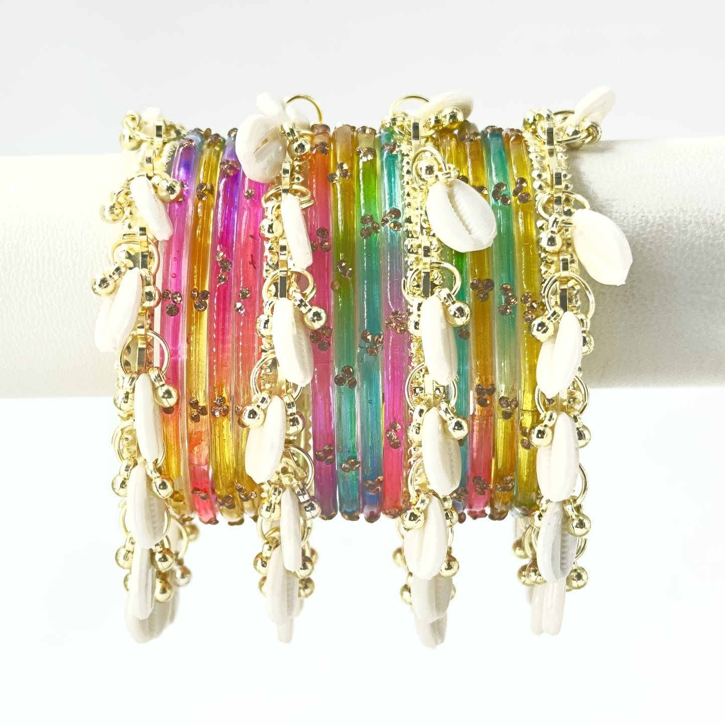 16pc Glossy Multi Set Kashmiri Ghunghroo Bangles Cowrie Shell Kaudi Glass Churi Haldi Jewelry Women