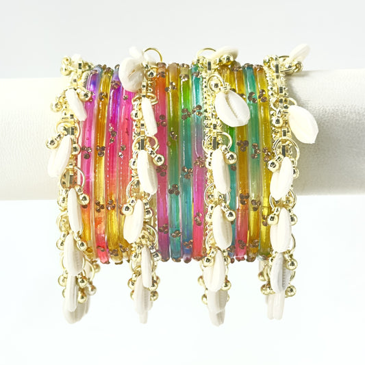 16pc Glossy Multi Set Kashmiri Ghunghroo Bangles Cowrie Shell Kaudi Glass Churi Haldi Jewelry Women