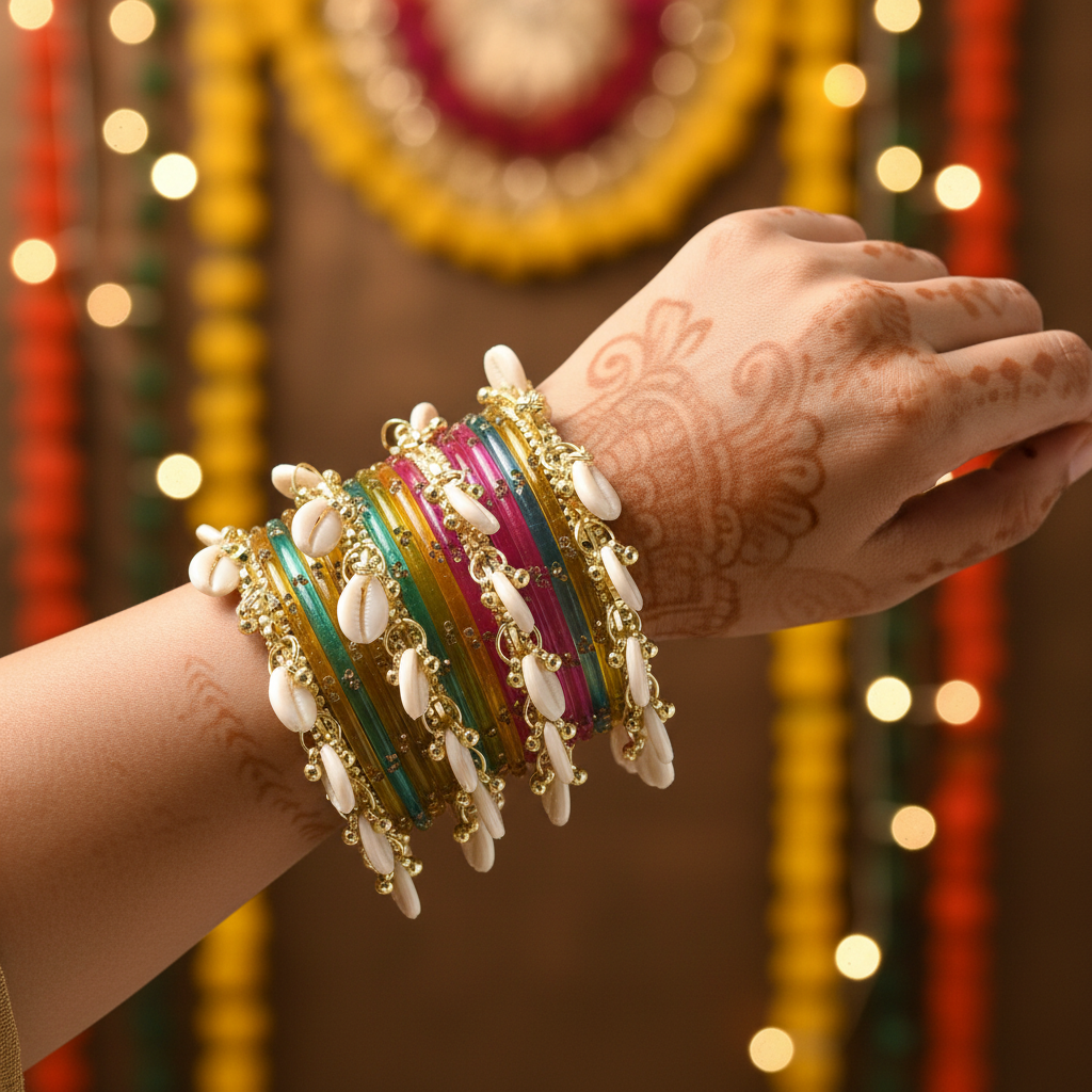 16pc Glossy Multi Set Kashmiri Ghunghroo Bangles Cowrie Shell Kaudi Glass Churi Haldi Jewelry Women