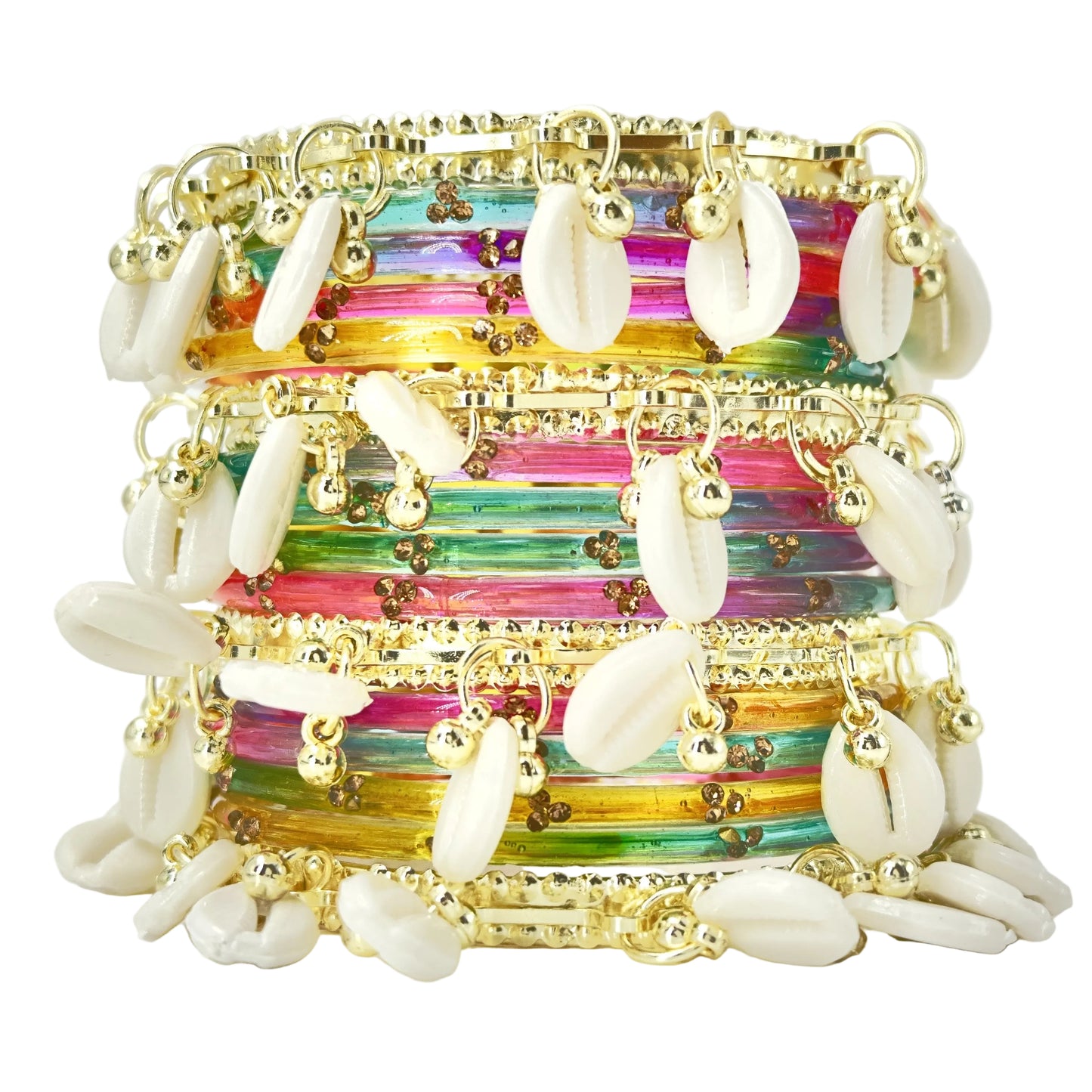 16pc Glossy Multi Set Kashmiri Ghunghroo Bangles Cowrie Shell Kaudi Glass Churi Haldi Jewelry Women