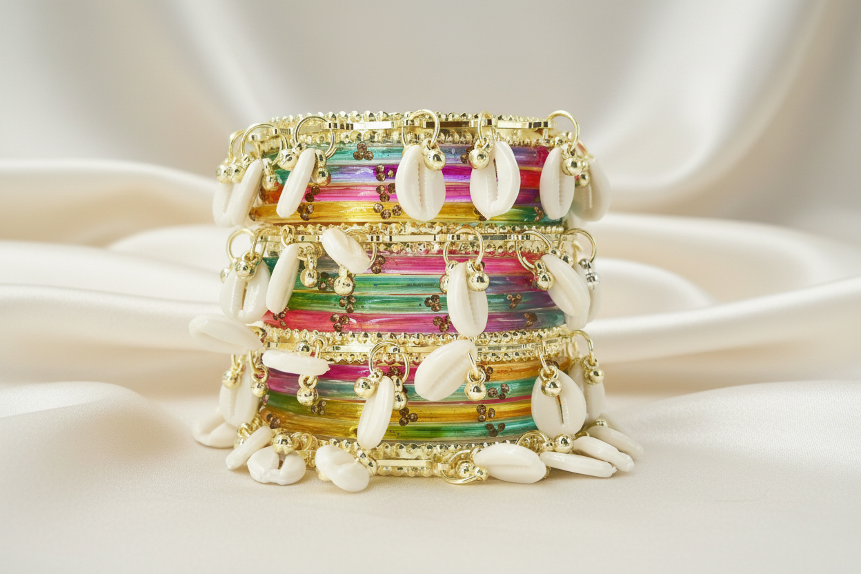 16pc Glossy Multi Set Kashmiri Ghunghroo Bangles Cowrie Shell Kaudi Glass Churi Haldi Jewelry Women