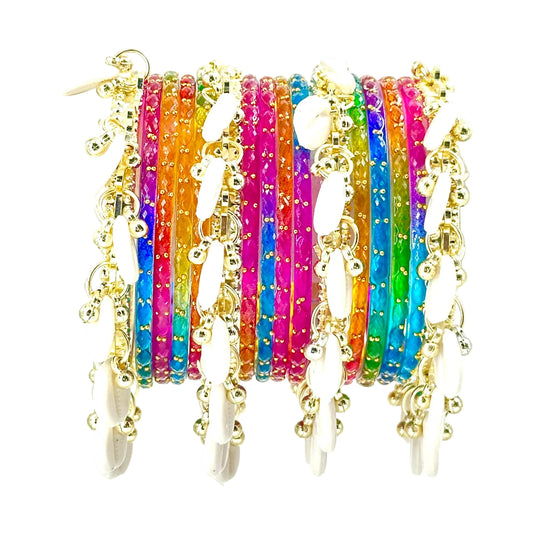 16pc Raindrop Dark Multi Glass Bangles Set Kashmiri Ghunghru Chuda Cowrie Shell Kaudi Charms Jewelry Women