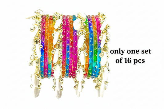 16pc Raindrop Dark Multi Glass Bangles Set Kashmiri Ghunghru Chuda Cowrie Shell Kaudi Charms Jewelry Women