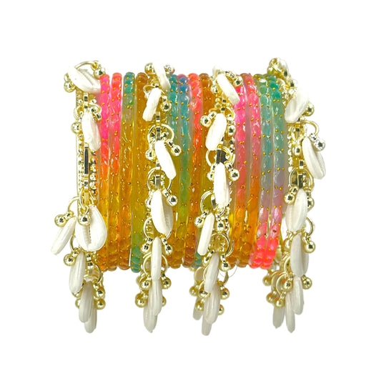 16pc Raindrop Light Multi Glass Bangles Set Kashmiri Ghunghru Chuda with Cowrie Shell Kaudi Charms Jewelry Women