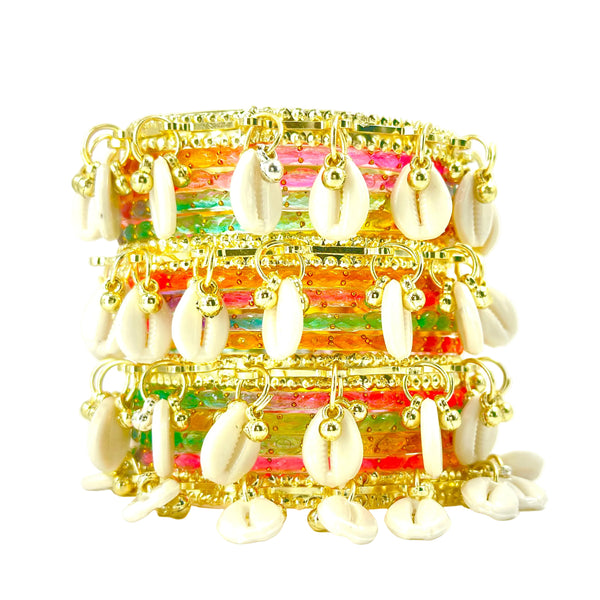 16pc Raindrop Light Multi Glass Bangles Set Kashmiri Ghunghru Chuda with Cowrie Shell Kaudi Charms Jewelry Women