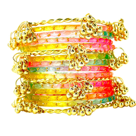 16pc Raindrop Light Multi Kashmiri Ghunghru Bangles Set Heavy Faceted Glass Chuda with Guchha Charms Jewelry Women