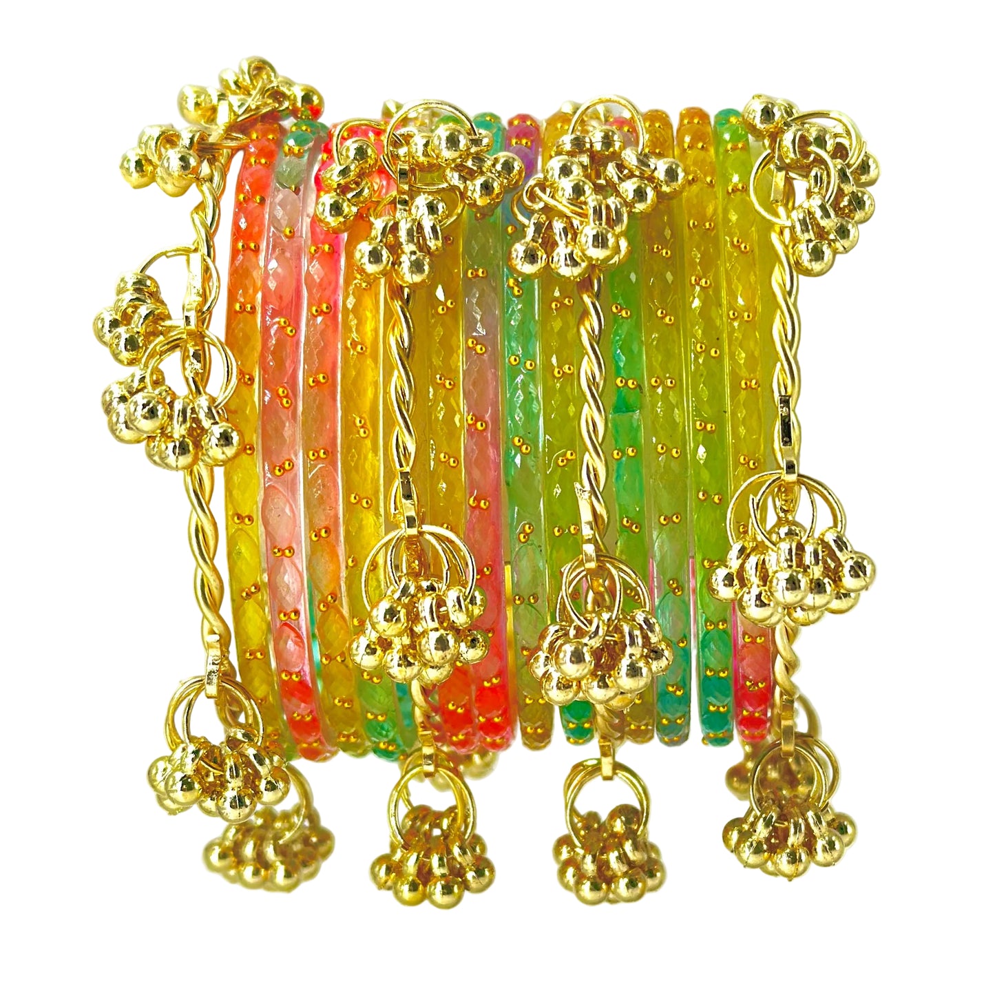 16pc Raindrop Light Multi Kashmiri Ghunghru Bangles Set Heavy Faceted Glass Chuda with Guchha Charms Jewelry Women