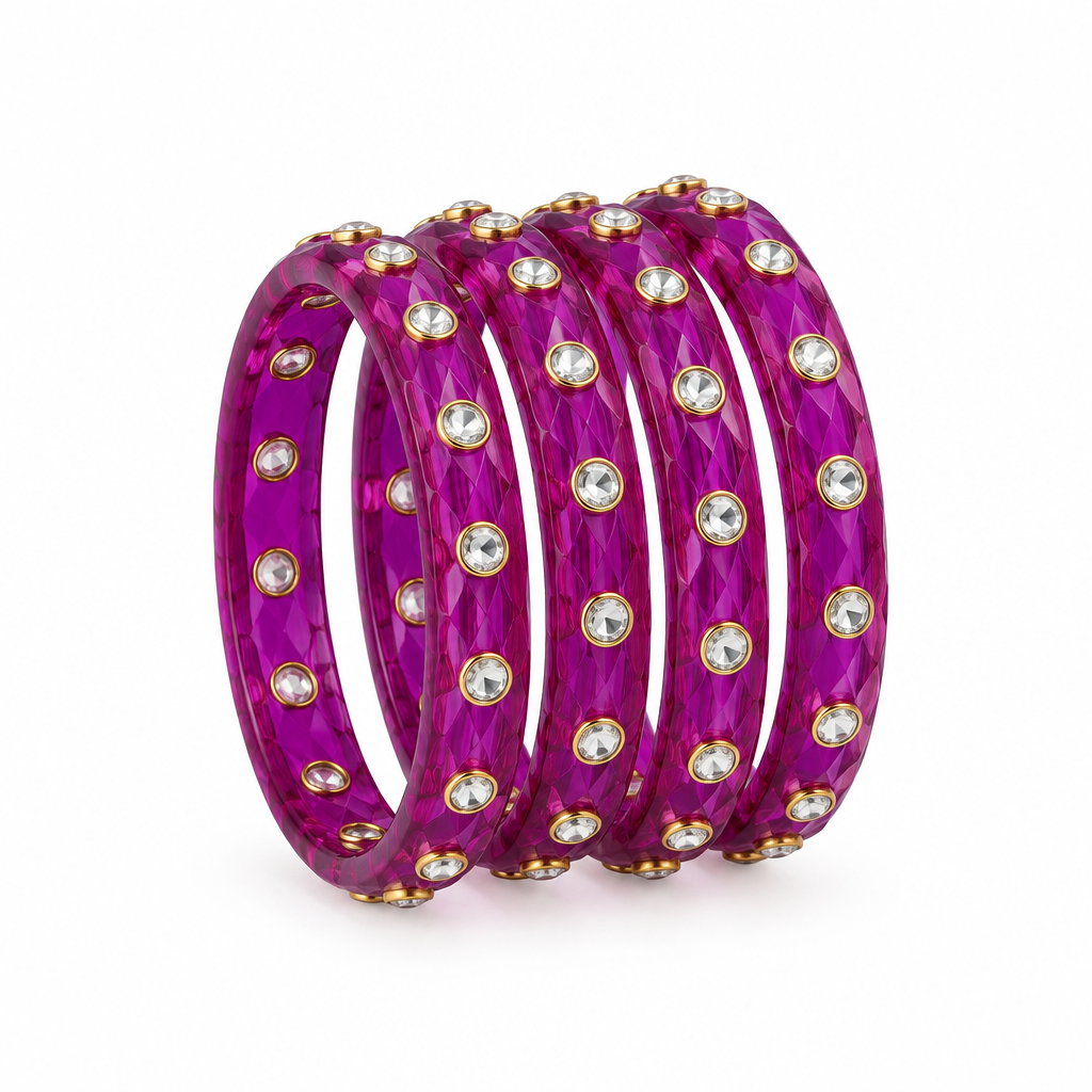 Magenta kundan glass bangles - white studio
