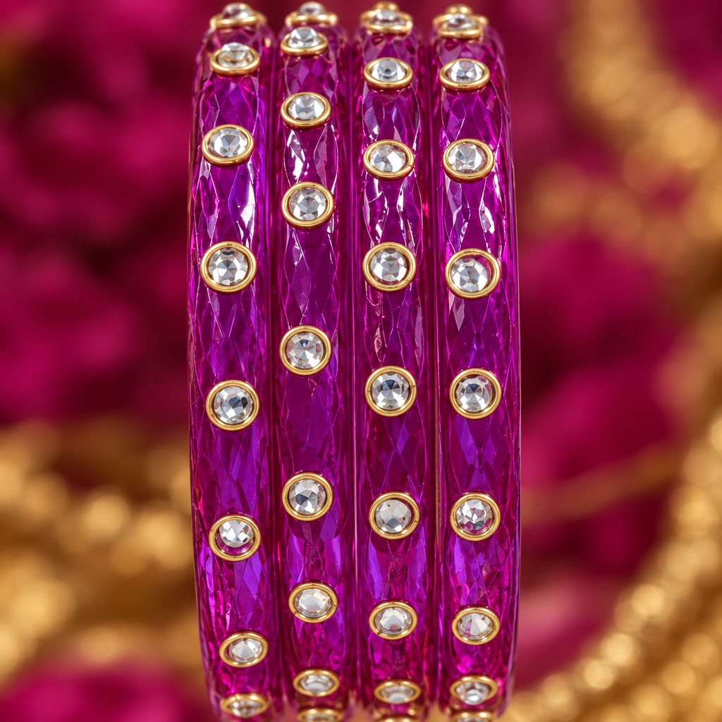 Magenta kundan glass bangles - close-up detail