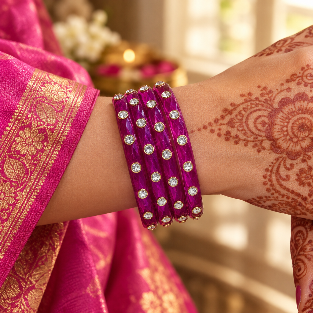 Magenta kundan glass bangles - worn on hand