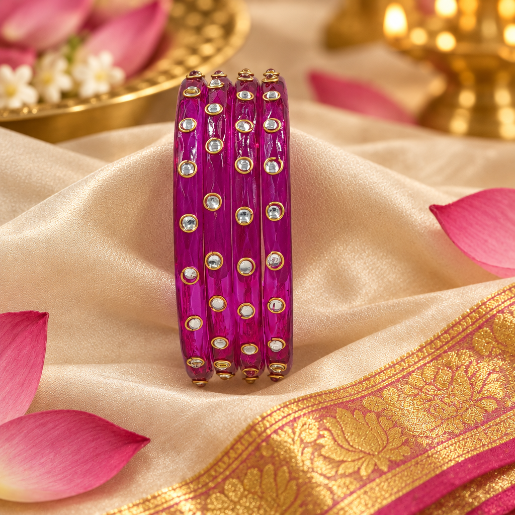 Magenta kundan glass bangles - lifestyle