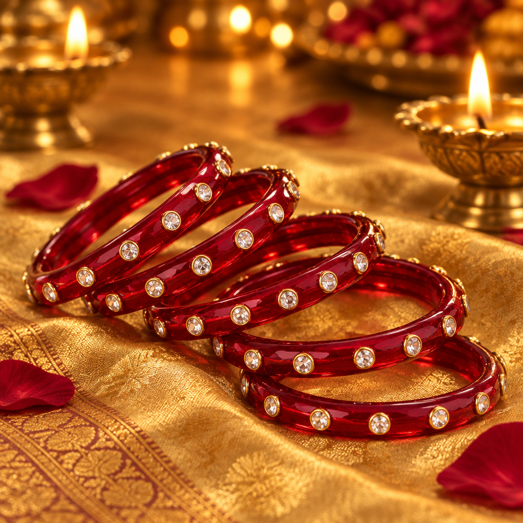 Ruby Red kundan glass bangles - lifestyle