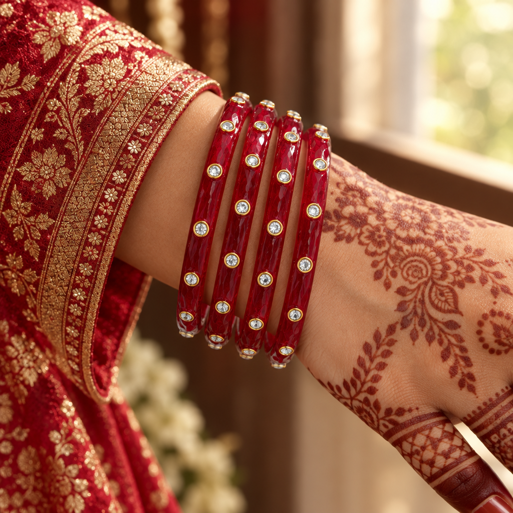 Ruby Red kundan glass bangles - worn on hand