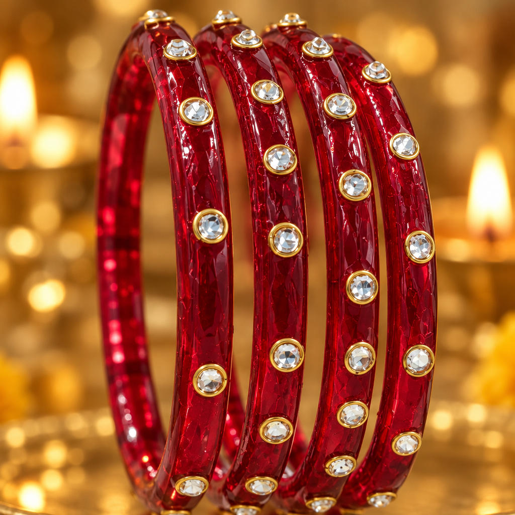 Ruby Red kundan glass bangles - close-up detail