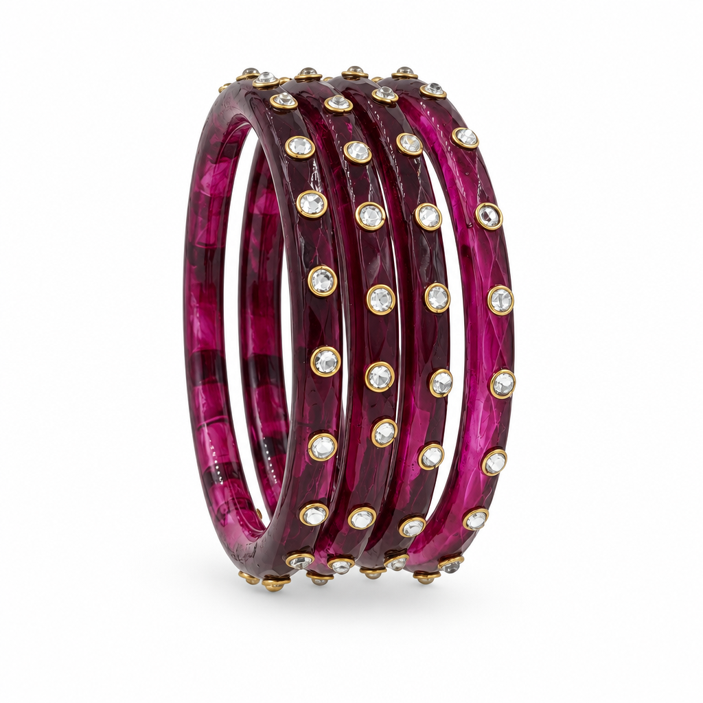 Plum Wine kundan glass bangles - white studio