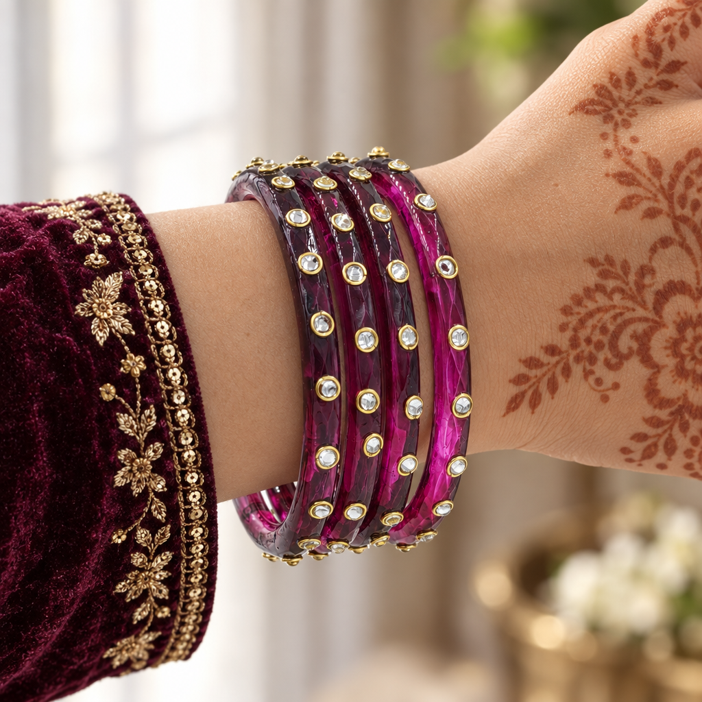 Plum Wine kundan glass bangles - worn on hand