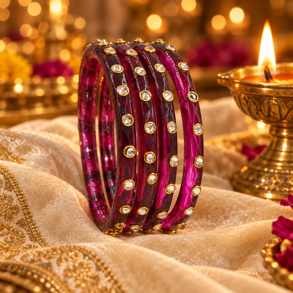 Plum Wine kundan glass bangles - lifestyle