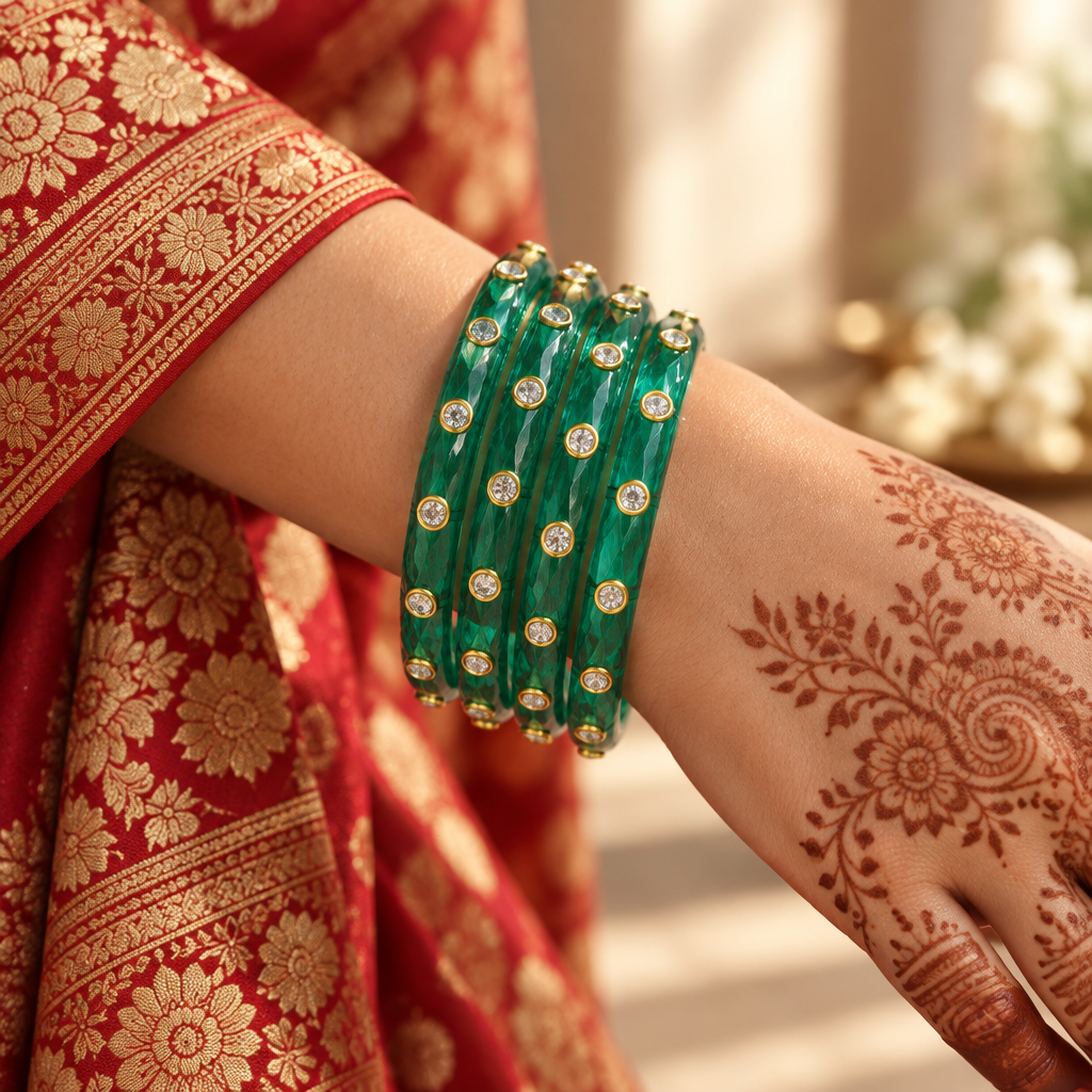 Emerald Green kundan glass bangles - worn on hand