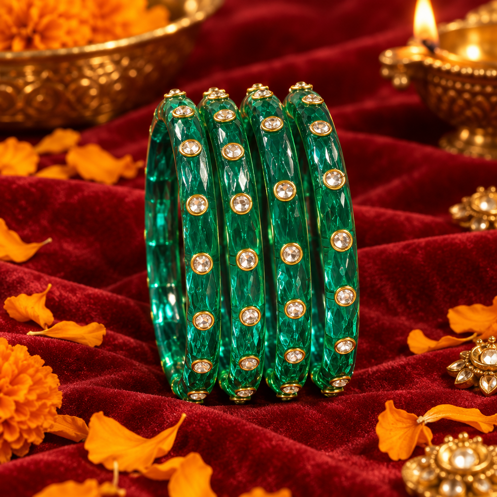 Emerald Green kundan glass bangles - lifestyle