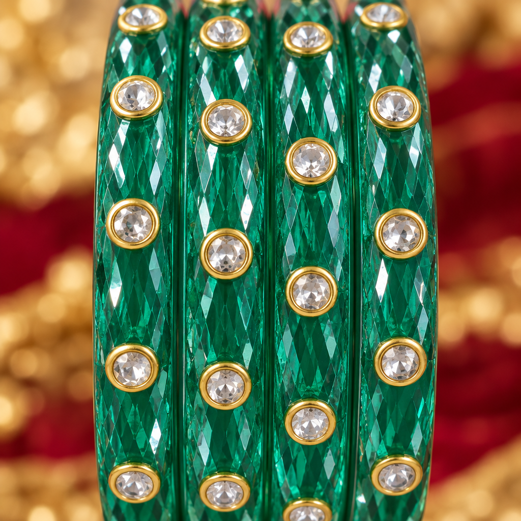 Emerald Green kundan glass bangles - close-up detail