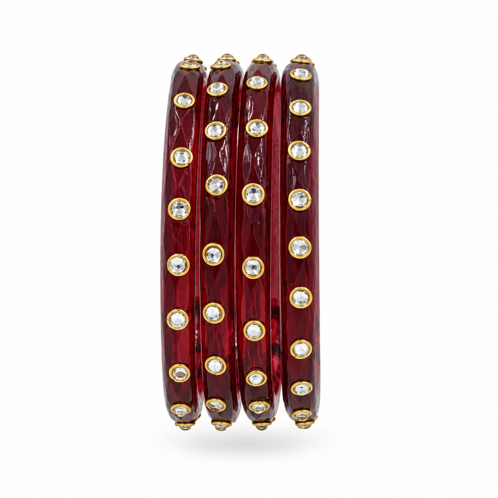 Maroon kundan glass bangles - white studio