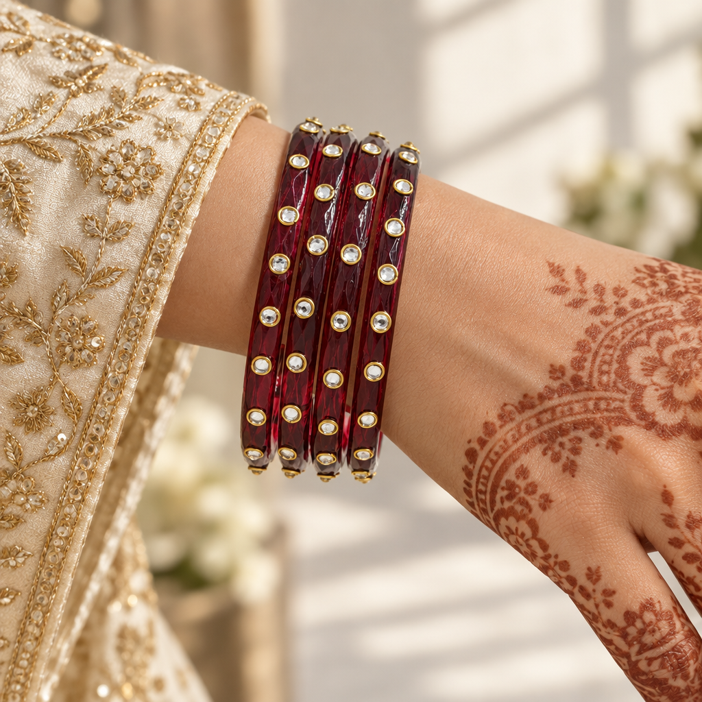 Maroon kundan glass bangles - worn on hand