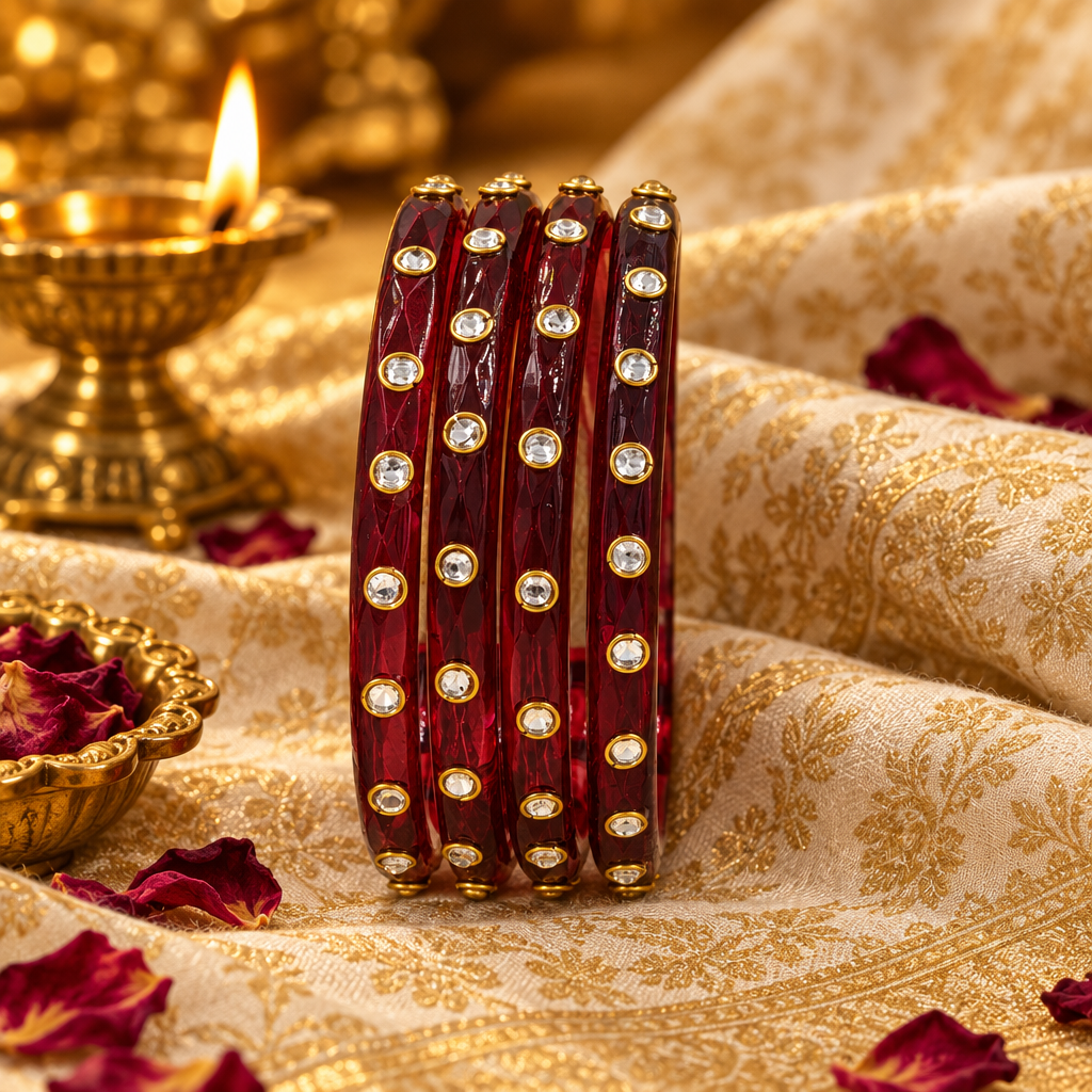 Maroon kundan glass bangles - lifestyle