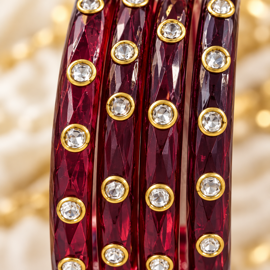 Maroon kundan glass bangles - close-up detail