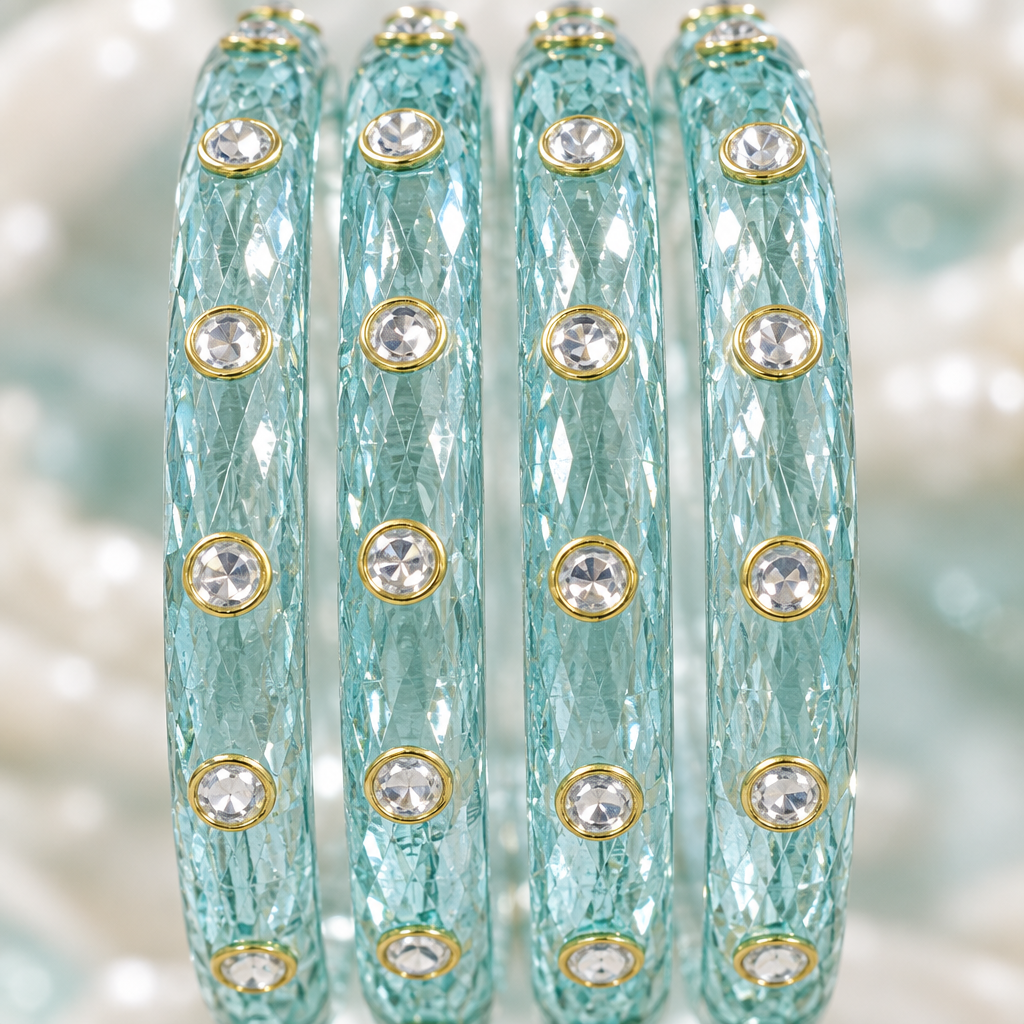 Sky Aqua kundan glass bangles - close-up detail