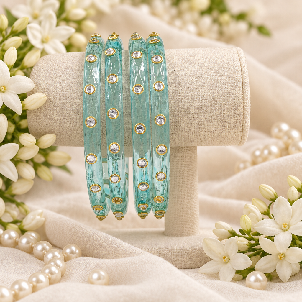 Sky Aqua kundan glass bangles with jasmine flowers and pearls