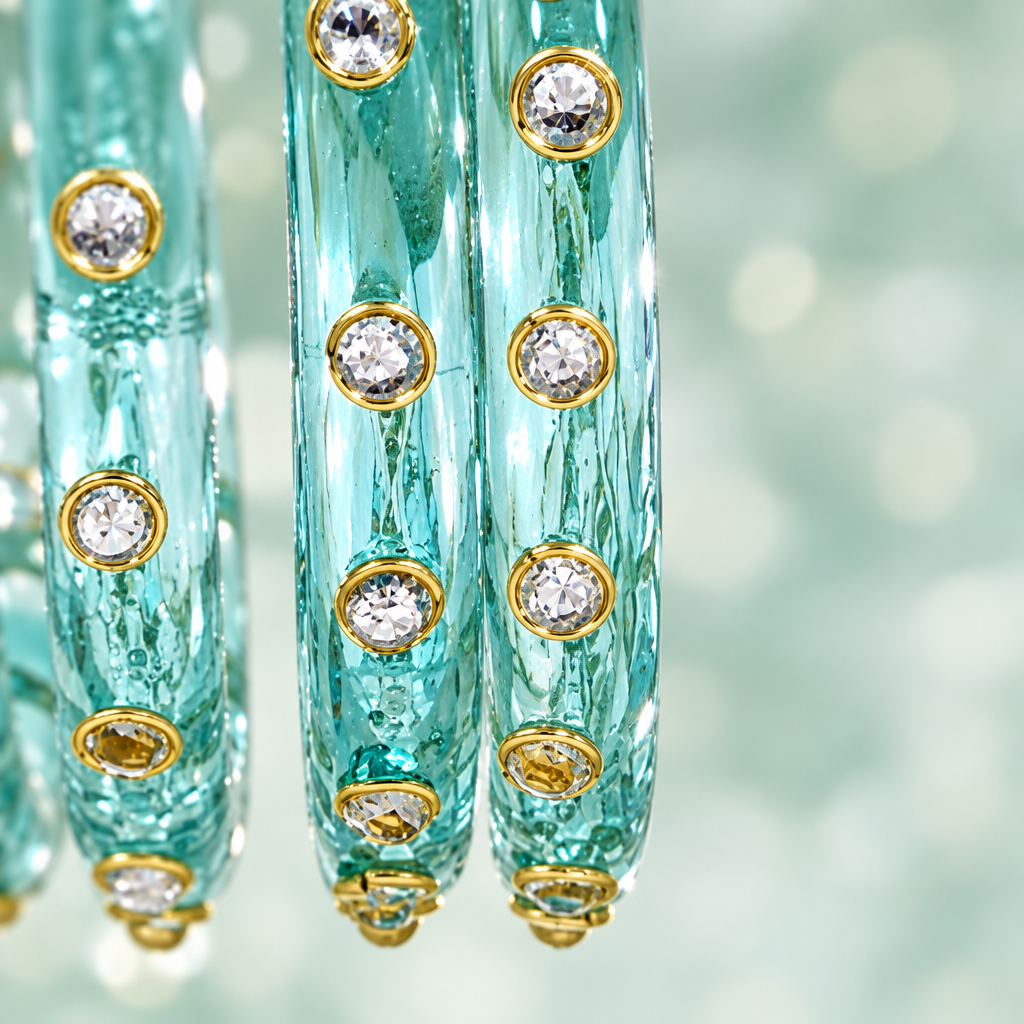 Close-up of Sky Aqua kundan glass bangle stones