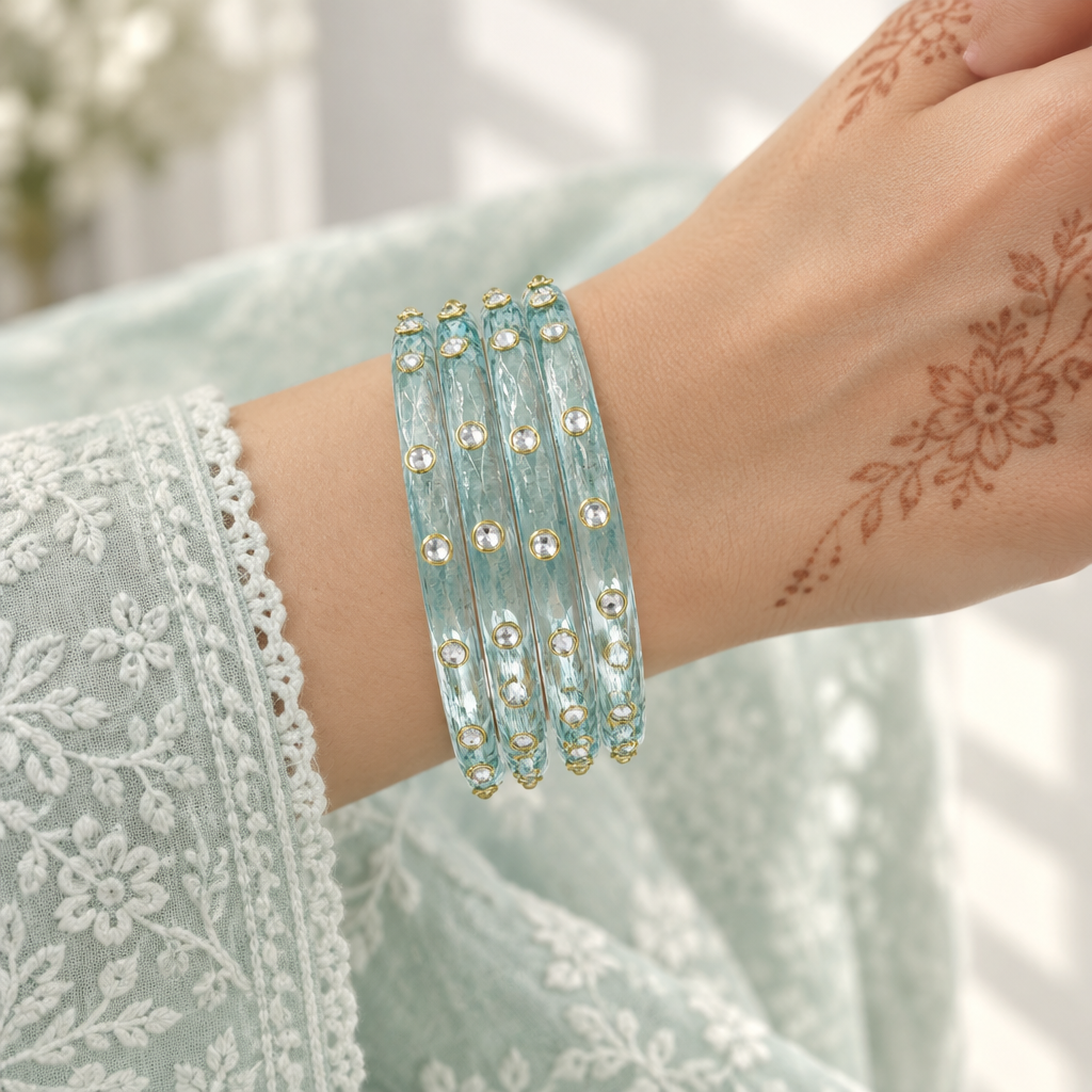 Sky Aqua kundan glass bangles - worn on hand