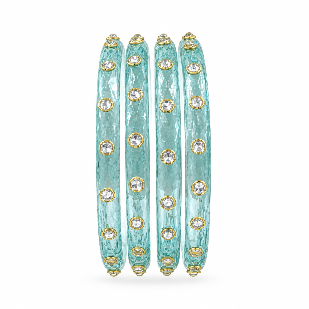 Sky Aqua kundan glass bangles - white studio