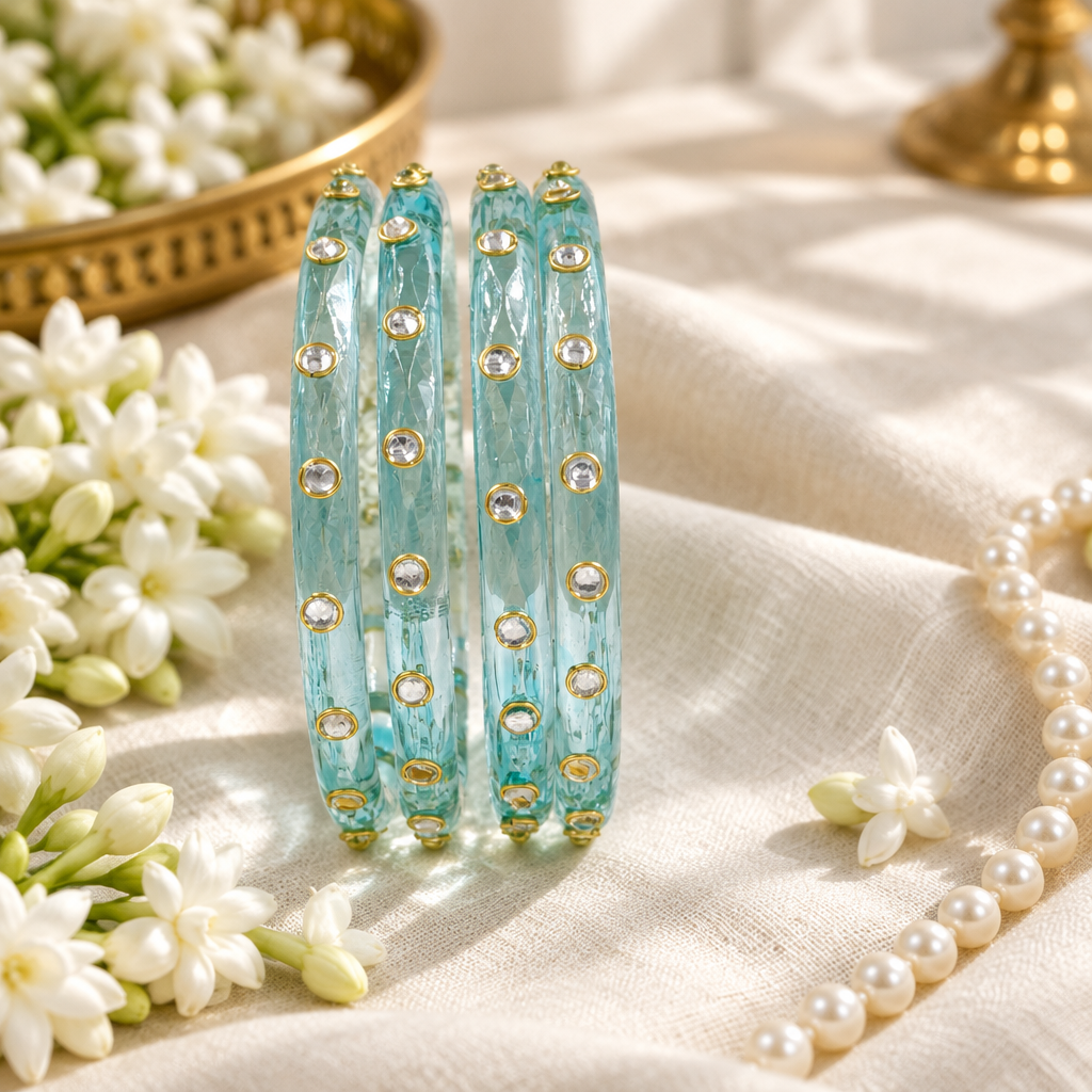Sky Aqua kundan glass bangles - lifestyle