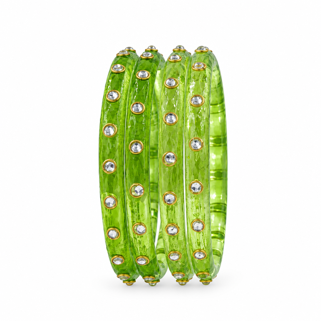 Parrot Green kundan glass bangles - white studio