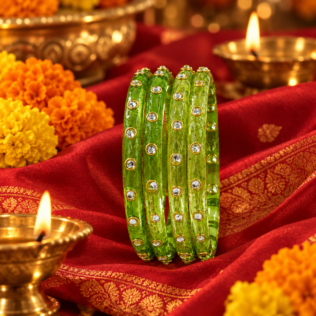 Parrot Green kundan glass bangles - lifestyle